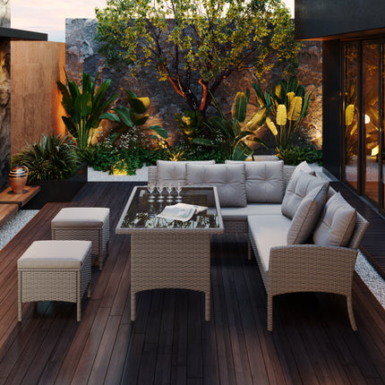 Tuinmeubelstelle, Tuinbank, Tuinhoekbank Rattan Patio Stel, 6-7 Siter Buiten Patio Meubels, Sitkamer Hoekbank Stel Met Tafelstoel, Gemengde Khaki Riet Met Liggrys Kussings