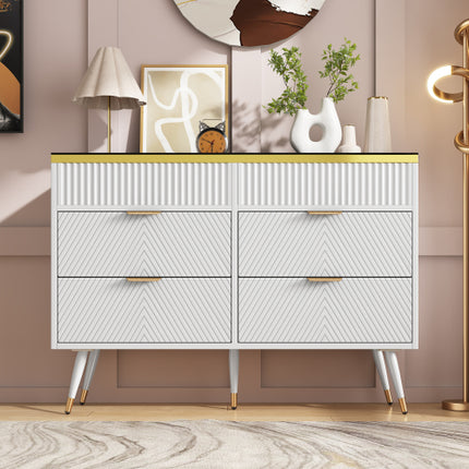 Buffetkas met 6 laaie, Amberglas-laaikas, Kompartementeleberging, Teen-omval, Kaptafel vir Sitkamer, Gang, Slaapkamer en Kinderkamer, 120 X 40 X 76 Cm, Wit