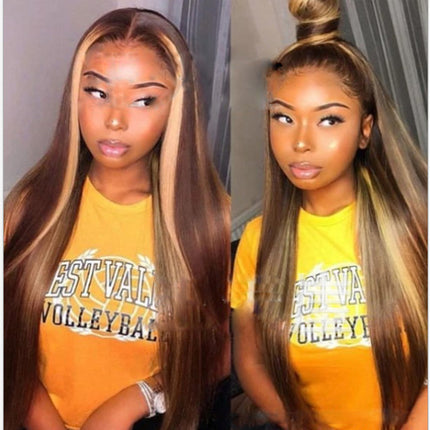Mid-length straight hair brown pick golden long hair synthetic headgear