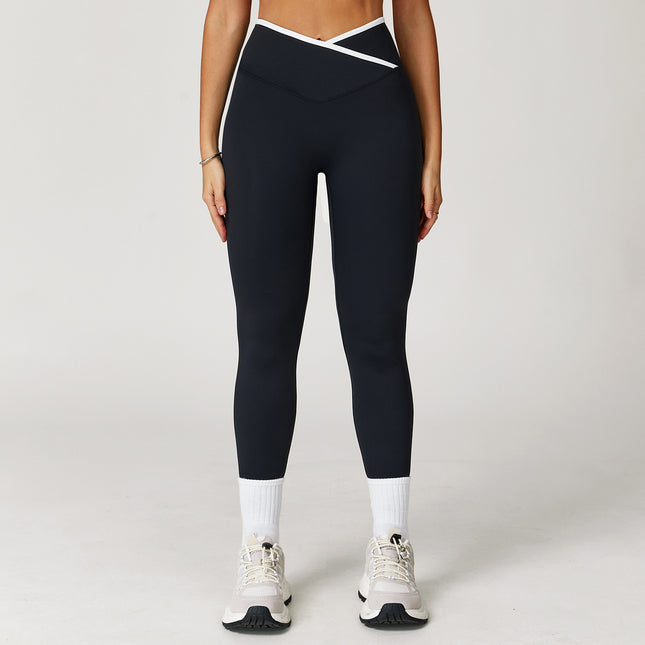 Nude Feel Skinny Yoga Pants Cross High Waist Contrast Color Women