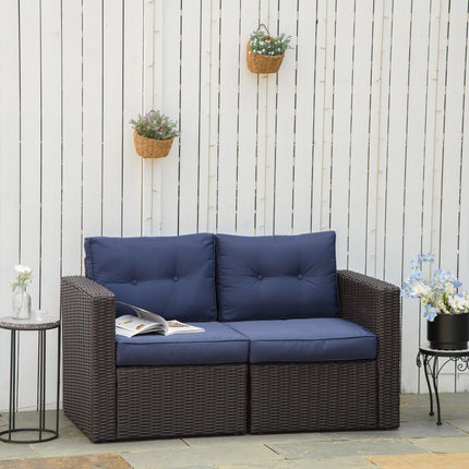 2 Stuk Patio Rattan Hoekbankstel, Buiten PE Rattan Meubels, met Geboë Armleunings en Gevulde Kussings vir Balkon, Tuin of Grasperk, Donkerblou