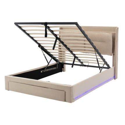 Gestoffeerde Bed, 135x190 4vt6, Dubbelbed, Hidrouliese Bed, 2-in-1 Berglêers Aan Die Voet Van Die Bed, Ingeboude LED-Ligstroke Aan Beide Kante Van Die Bed, Lattebodem, Fluweel, Beige