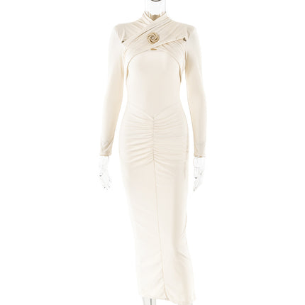 Sexy Slim-fit Pleated Hollow-out Long Sleeve Dress