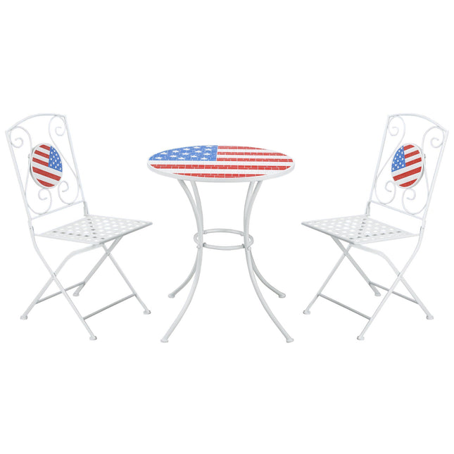 3 Piece Patio Bistro Set, Folding Outdoor Furniture with USA Mosaic Table and Chairs, Portable Metal Frames for 4th of July, Balcony, Backyard, Poolside, Porch, American Flag