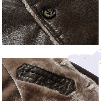 Plush Lapel Leather Jacket Winter Warm Fleece Single-breasted Coat For Men Long Clothing