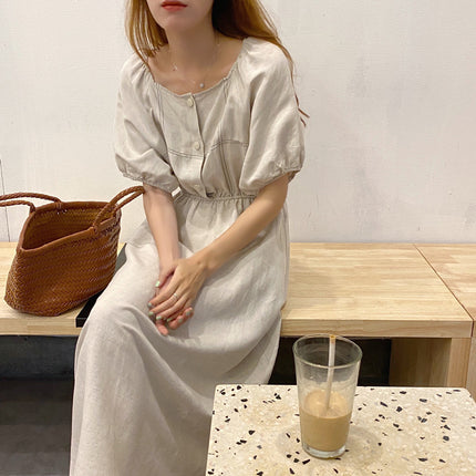 High Waist Contrast Color Top Line Design Square Neck Slim Slim Short-Sleeved Dress