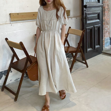 High Waist Contrast Color Top Line Design Square Neck Slim Slim Short-Sleeved Dress