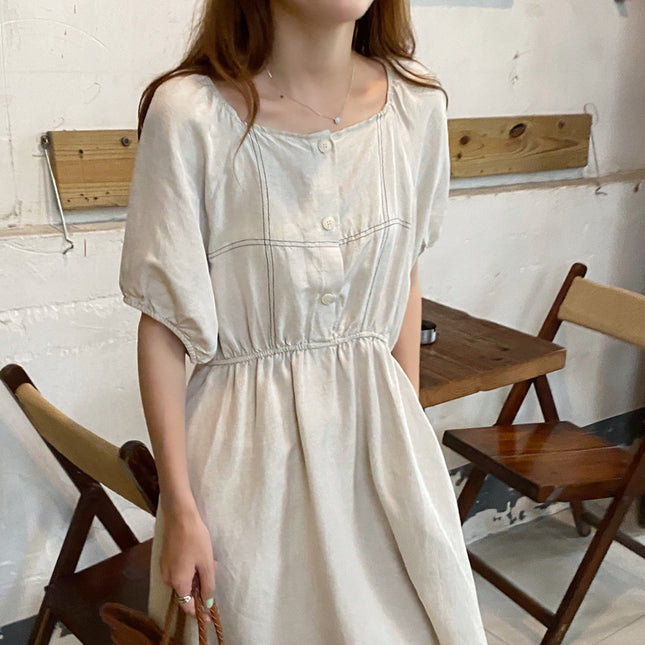 High Waist Contrast Color Top Line Design Square Neck Slim Slim Short-Sleeved Dress