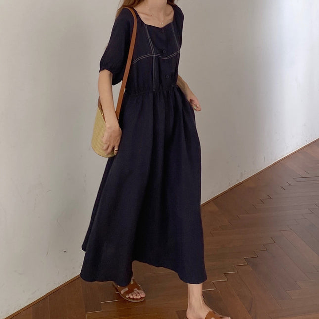 High Waist Contrast Color Top Line Design Square Neck Slim Slim Short-Sleeved Dress