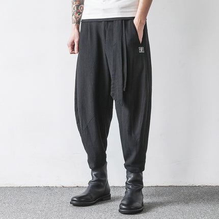 Cotton And Linen Harlan Embroidered Lantern Trousers For Men With Wide Legs