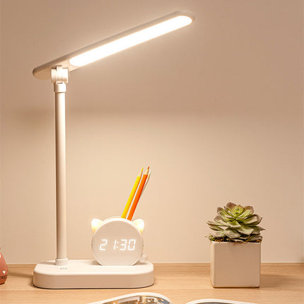 LED Eye Protection Desk Lamp Pen Holder With Clock USB Charging Bedroom Bedside Lamp