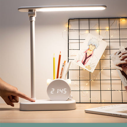 LED Eye Protection Desk Lamp Pen Holder With Clock USB Charging Bedroom Bedside Lamp