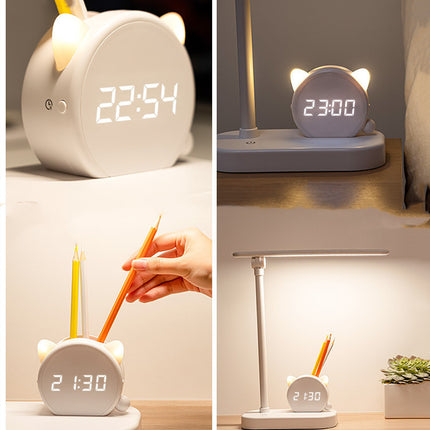 LED Eye Protection Desk Lamp Pen Holder With Clock USB Charging Bedroom Bedside Lamp