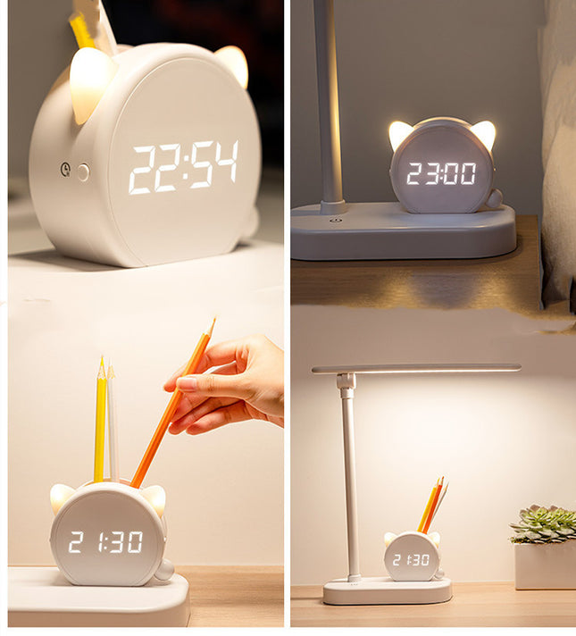 LED Eye Protection Desk Lamp Pen Holder With Clock USB Charging Bedroom Bedside Lamp