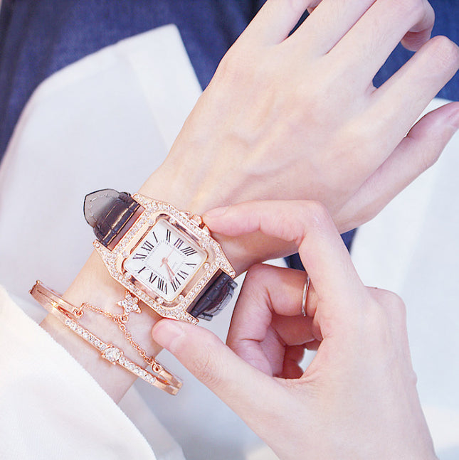 Elegante Vierkantige Horlosie met Bandjie en Kwarts-uurwerk