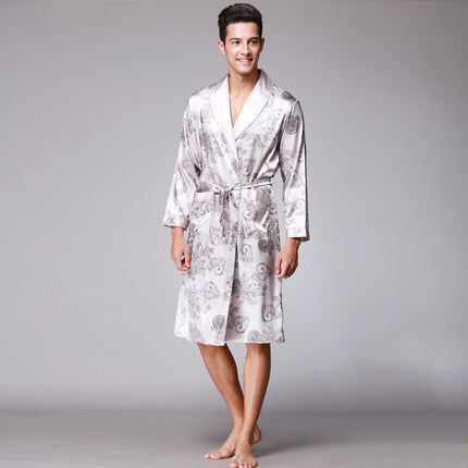 Long-Sleeved Nightgown, Printed Dragon Pattern, Long Bathrobe, Imitation Silk Home Service