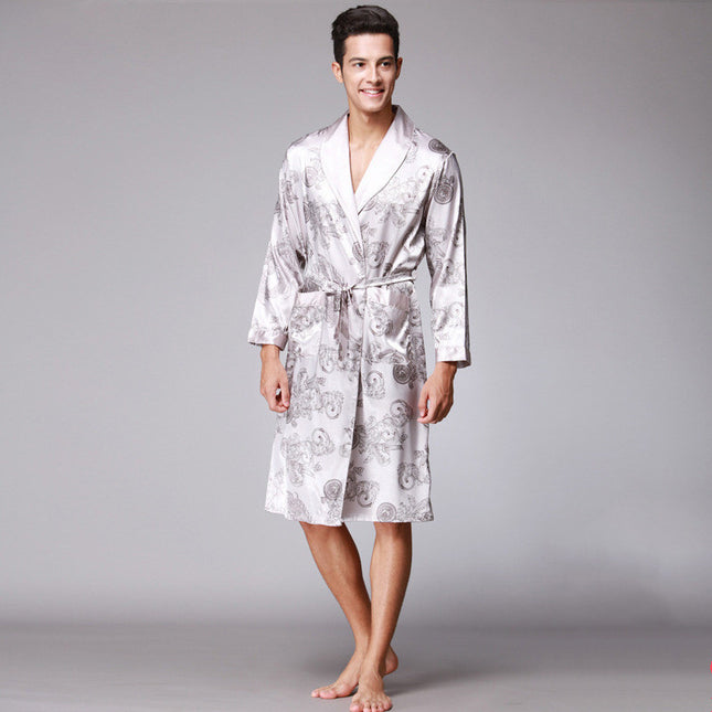 Long-Sleeved Nightgown, Printed Dragon Pattern, Long Bathrobe, Imitation Silk Home Service