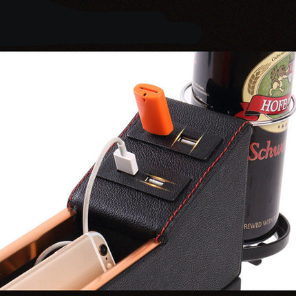 Car Seat Slot Storage Box Multi-Function Cup Holder Coin Box Leather Storage Box with USB Rechargeable