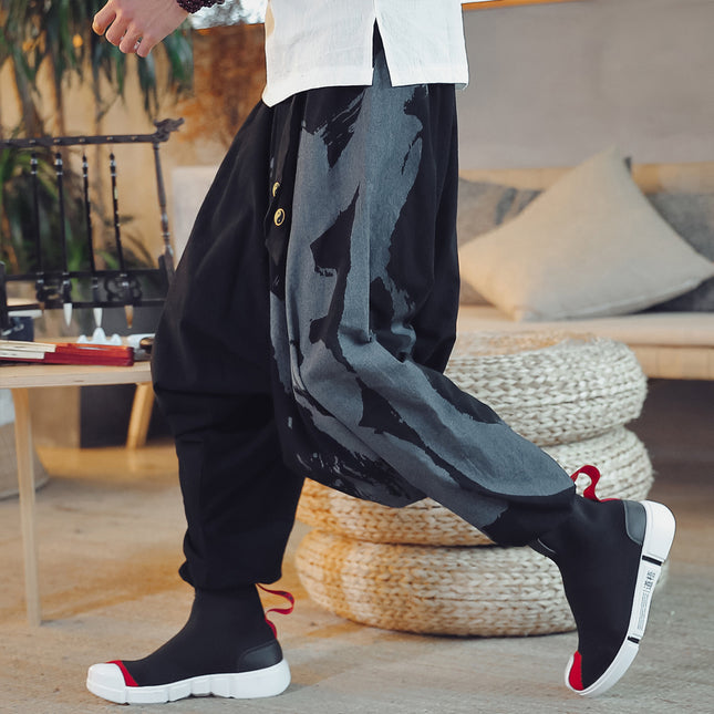 Chinese Style Cotton And Linen Baggy Men's Loose Cropped Pants With Printed Ankle Cuffs