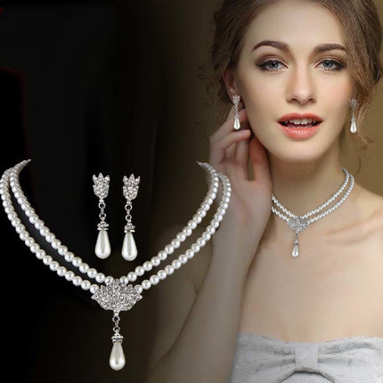 European And American Jewelry Bride Pearl Crystal With Short Collarbone Neck Necklace Set Earrings Korean Version Temperament