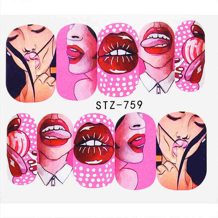 Naelkuns-wateroordragplakkerset koel 9 style Amerikaanse kuns blom sexy lippe