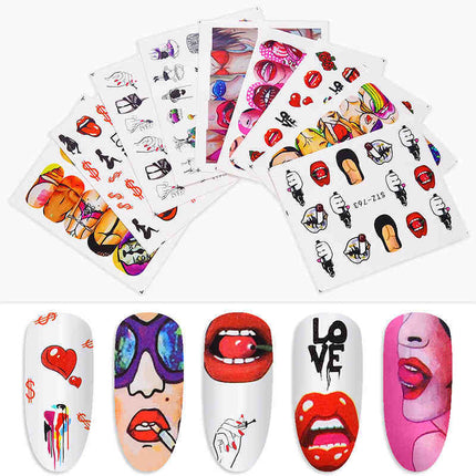 Naelkuns-wateroordragplakkerset koel 9 style Amerikaanse kuns blom sexy lippe
