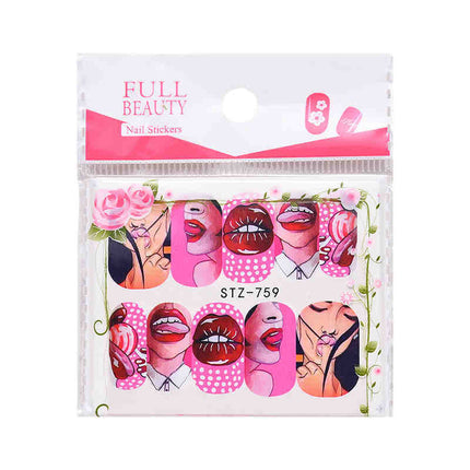 Naelkuns-wateroordragplakkerset koel 9 style Amerikaanse kuns blom sexy lippe