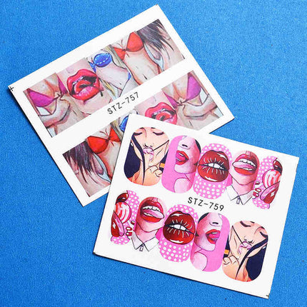 Naelkuns-wateroordragplakkerset koel 9 style Amerikaanse kuns blom sexy lippe
