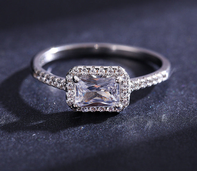 Silwer, Europa En Amerika Lig Luukse Party Mode Hand Dekorasie Reghoekige Inleg Zircon Ring Vroue Amazon Warm Verkoop Toebehore