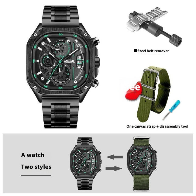 Fashion Square Watch Multi-functional Trendy All-match Good-looking Luminous Quartz