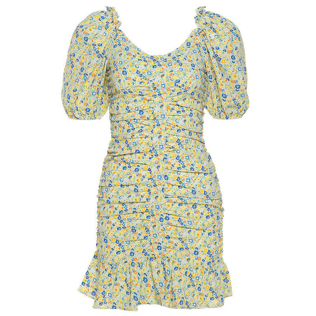 Printed And Dyed Floral Halter Back Slim Wrap Arm Ruffle Dress