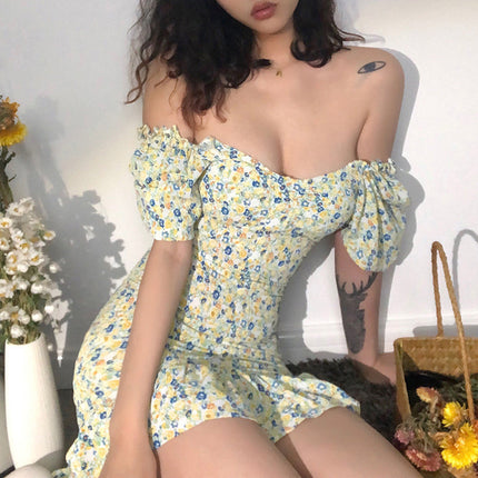 Printed And Dyed Floral Halter Back Slim Wrap Arm Ruffle Dress