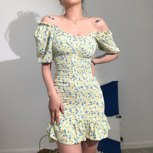 Printed And Dyed Floral Halter Back Slim Wrap Arm Ruffle Dress