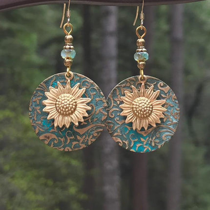 Bohemian Color Separation Double Sunflower Delicate Pattern Earrings