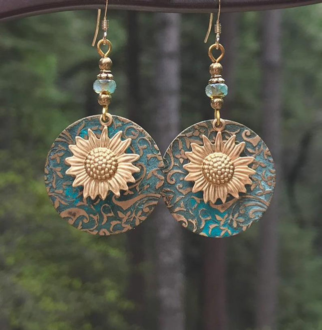 Bohemian Color Separation Double Sunflower Delicate Pattern Earrings