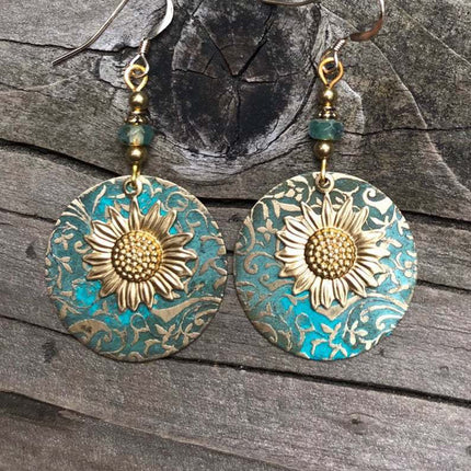 Bohemian Color Separation Double Sunflower Delicate Pattern Earrings