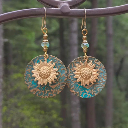 Bohemian Color Separation Double Sunflower Delicate Pattern Earrings