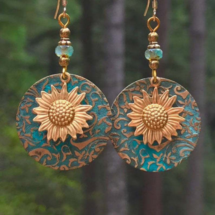 Bohemian Color Separation Double Sunflower Delicate Pattern Earrings