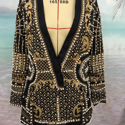 V-neck Long-sleeved Suit Blouse With Bubble Print Women's Clothing