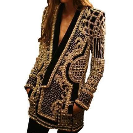 V-neck Long-sleeved Suit Blouse With Bubble Print Women's Clothing