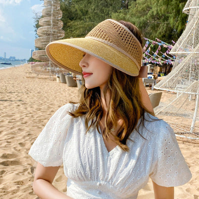 Sun Hat Women's Big Brim Hollow Top Hat Hollow Summer Outdoor Big Brim No Top Folding Anti-ultraviolet Sunscreen
