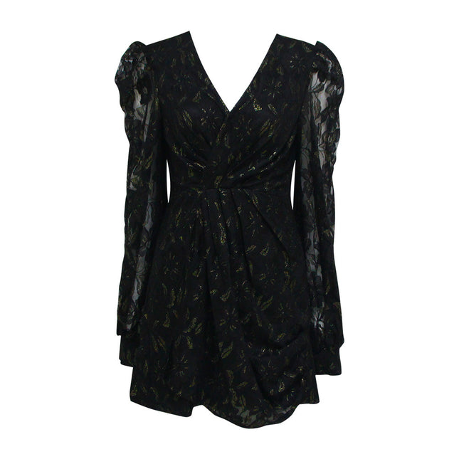 Sexy Waistband Hip Dress With Pleated Puff Sleeves