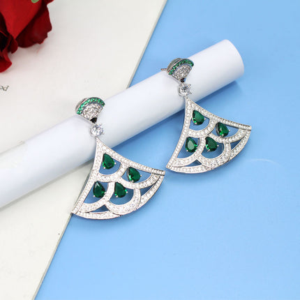 Nuwe Produk Groen Sirkoon Waaiervormige Oorbelle Met Vergulde Diamante