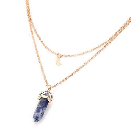 Natural stone glass hexagonal necklace necklace European and American fashion double moon moon crescent bullets pendulum pendant necklace
