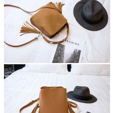 Spring new frosted tassel bucket bag Korean version of the wild shoulder bag female handkerchief retro Messenger