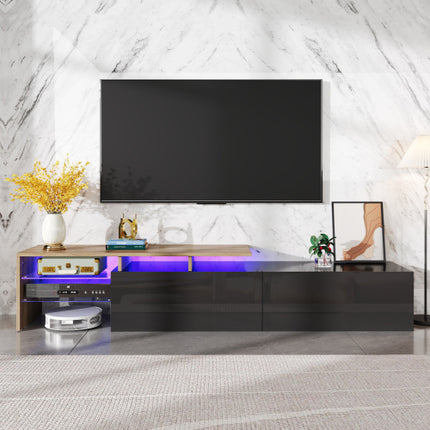 Moderne TV-Kabinetsontwerp Stylvol en Elegant, Praktiese Bergingsruimte, Swart en Hout Voorkoms, Glasrakke, LED-Beligting