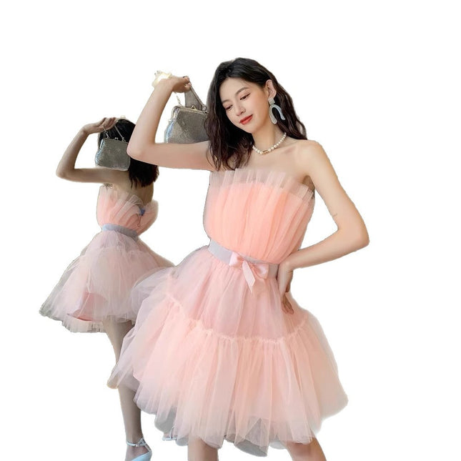 Design Bow Waist-tight Fairy Mesh High Waist Bubble Dress