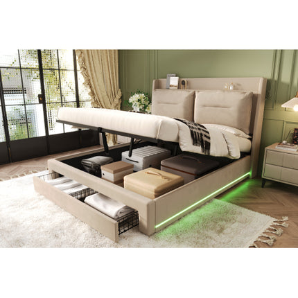 Gestoffeerde Bed, 135x190 4vt6, Dubbelbed, Hidrouliese Bed, 2-in-1 Berglêers Aan Die Voet Van Die Bed, Ingeboude LED-Ligstroke Aan Beide Kante Van Die Bed, Lattebodem, Fluweel, Beige