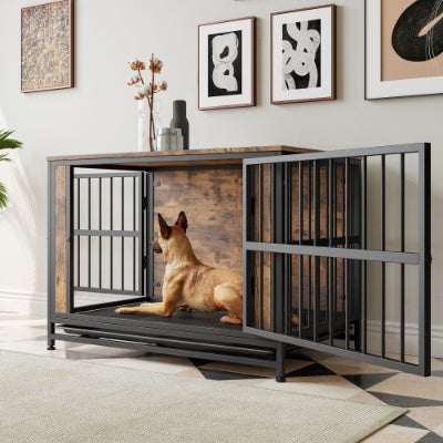 Dog Crate Furniture, Wooden Dog Crate Table, 38.9 Dog Kennel With 2 Sliding Doors And Thick Iron Door Frame, Decorative Pet Crate House For Large Medium Small Dog Indoor Use  Rustic Brown