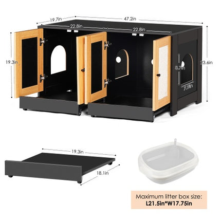 Dubbele Katbak-omhulsel, Katbak-omhulsel Vir 2 Katte, Weggesteekte Katbakmeubels Met Rottingdeure, 47 L X 19.8 W X 21.8 H, Swart